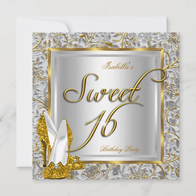 Sweet sixteen Sweet 16 Party Guld Silver White Inbjudningar (Framsida)