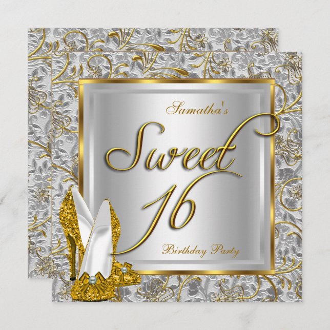 Sweet sixteen Sweet 16 Party Guld Silver White Inbjudningar (Fram/baksida)