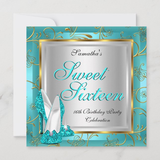Sweet sixteen Sweet 16 Party Teal Blue Guld Silver Inbjudningar (Framsida)
