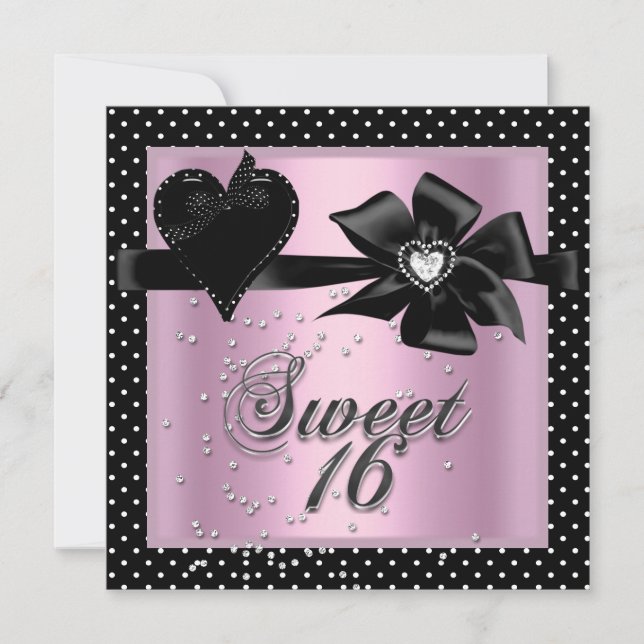 Sweet sixteen Sweet 16 Rosa Black Polka Dot Inbjudningar (Framsida)