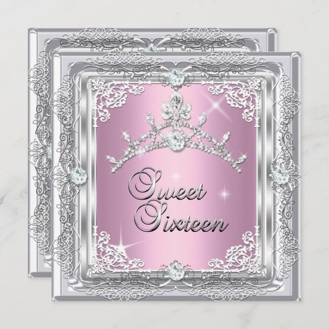 Sweet sixteen Sweet 16 Rosa Silver Diamond Tiara Inbjudningar (Fram/baksida)