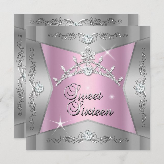 Sweet sixteen Sweet 16 Rosa Silver Tiara Inbjudningar (Fram/baksida)