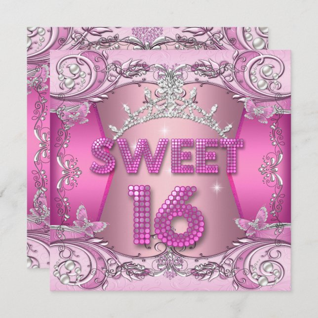 Sweet sixteen Sweet 16 Rosa Silver Tiara Inbjudningar (Fram/baksida)