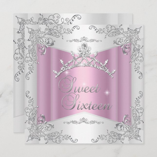Sweet sixteen Sweet 16 Rosa White Silver Tiara Inbjudningar (Fram/baksida)