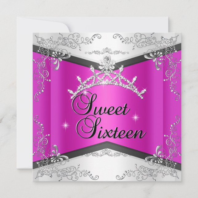 Sweet sixteen Sweet 16 Shock rosa White Black Tiar Inbjudningar (Framsida)