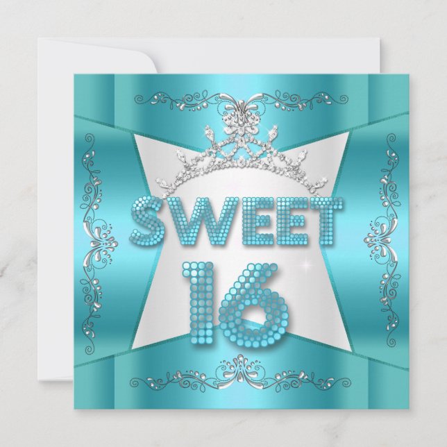 Sweet sixteen Sweet 16 Teal Blue Silver Tiara Inbjudningar (Framsida)