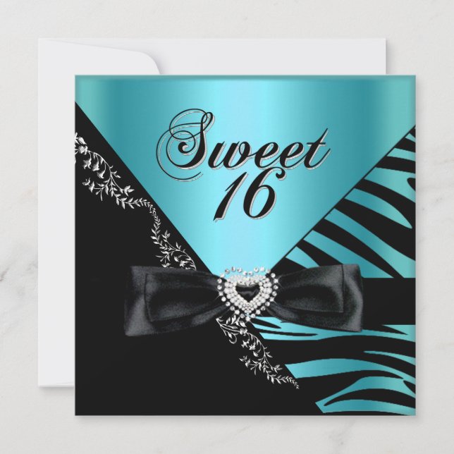 Sweet sixteen Sweet 16 Zebra Blue Black Inbjudningar (Framsida)