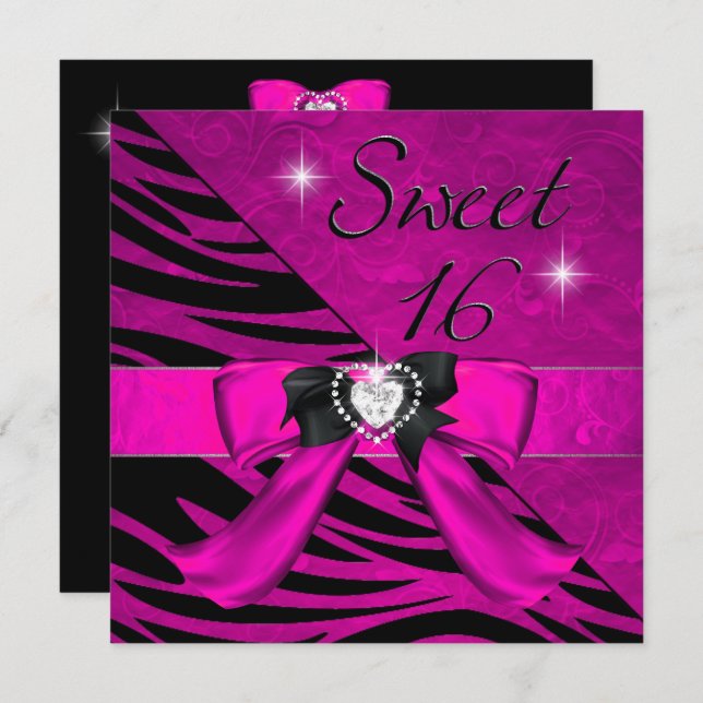 Sweet sixteen Sweet 16 Zebra Shock rosa Black Inbjudningar (Fram/baksida)