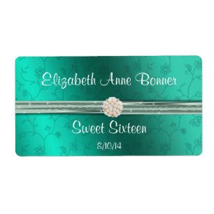 Sweet sixteen Teal with Pearls Vattenflaska Labels Fraktsedel