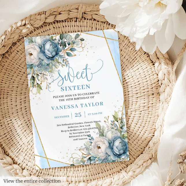 Sweet sixteen trendig Pastel Blue White Blommigt Inbjudningar (Trendy Pastel Blue White Floral Sweet 16 Invitation)