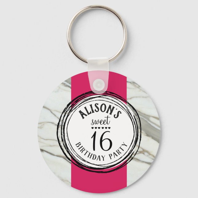 Sweet sixteen trendig rosa, svart, vit marmor nyckelring (Framsida)