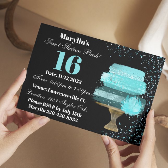 SWEET SIXTEEN TURQUOISE WATERCOLOR CAKE BIRTHDAY INBJUDNINGAR (Skapare uppladdad)