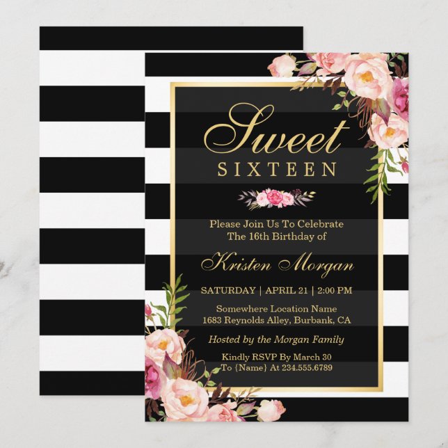 Sweet sixteen Vita Blommigten Black White Rand Inbjudningar (Fram/baksida)