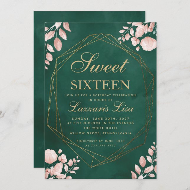 Sweet sixteen Watercolor Blommigt Grönt Birthday Inbjudningar (Fram/baksida)