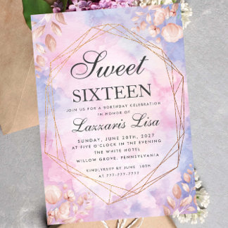 Sweet sixteen Watercolor Blommigt Lila Birthday Inbjudningar