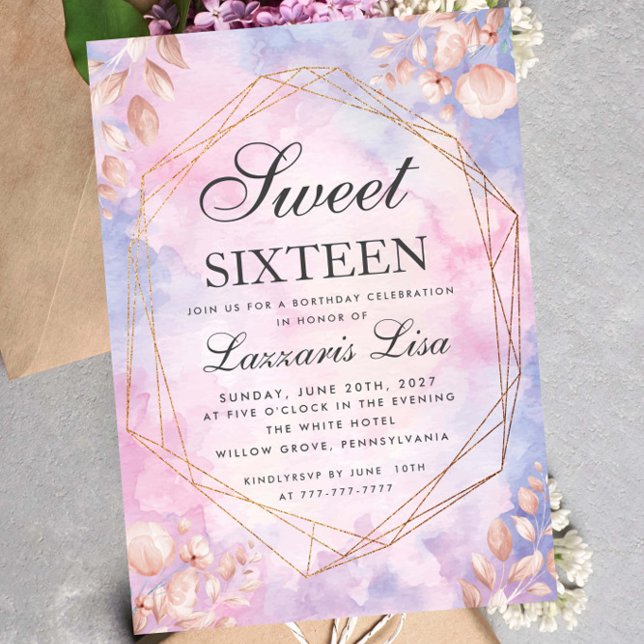 Sweet sixteen Watercolor Blommigt Lila Birthday Inbjudningar (Skapare uppladdad)