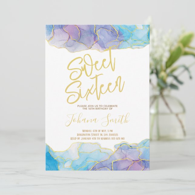 Sweet sixteen Watercolor Blue Guld Birthday Inbjudningar (Stående Fram)