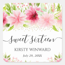 Sweet sixteen Watercolor Rosa Summer Flowers Fyrkantigt Klistermärke