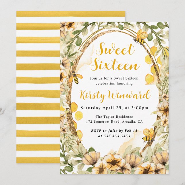 Sweet sixteen Watercolor Summer Bees and Flowers Inbjudningar (Fram/baksida)