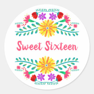 Sweet sixteen White och Rosa Mexikansk fiesta Blom Runt Klistermärke