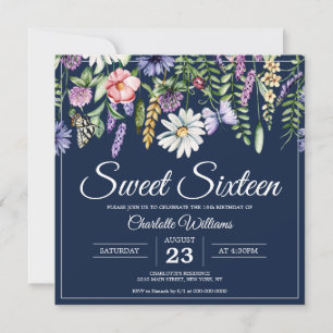 Sweet sixteen Wildblommor Elegant 16:e födelsedage Inbjudningar