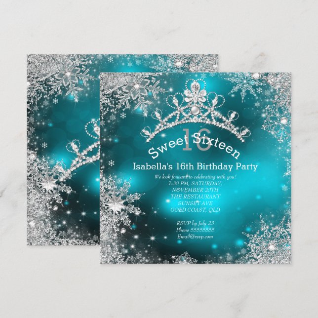Sweet sixteen Winter Wonderland Silver Teal Inbjudningar (Fram/baksida)