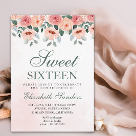 Sweet Sixteen with Watercolor Pink Flowers Inbjudningar