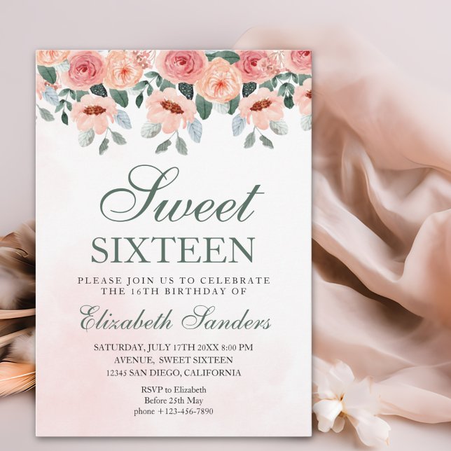 Sweet Sixteen with Watercolor Pink Flowers Inbjudningar (Skapare uppladdad)