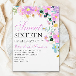 Sweet Sixteen with Watercolor Spring Flowers Inbjudningar