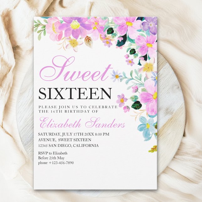 Sweet Sixteen with Watercolor Spring Flowers Inbjudningar (Skapare uppladdad)
