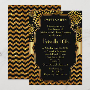 Sweet sixteenfödelsedag, 16th, Gatsby stil, svart, Inbjudningar