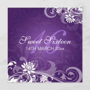 Sweet sixteenpartyet Swirly blommar lilor Inbjudningar
