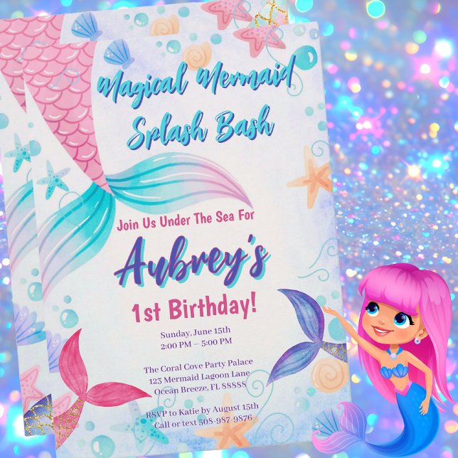 Sweet Sjöjungfru Birthday Rosa Lila Teal Watercole Inbjudningar (Magical Mermaid Birthday Party Invitation)