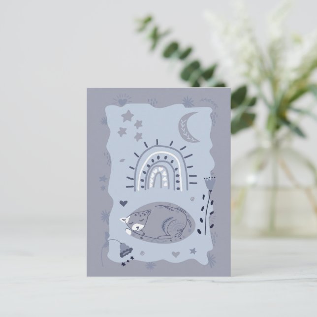 Sweet Sleeping Cat Folk Art  - Artist Postcard Vykort (Stående Fram)