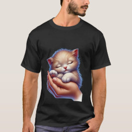 Sweet Sleeping Kitten in Hands Peaceful Tiny Cat  T Shirt
