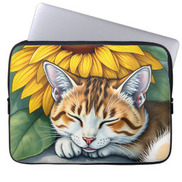 Sweet Sleepy Kitty Cat and Sunflowers Laptop Fodral