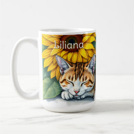 Sweet Sleepy Kitty Cat and Sunflowers Personalized Kaffemugg