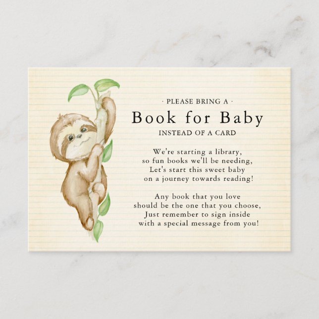 Sweet Sloth Baby Shower Bok för Baby Card Tilläggskort (Framsida)