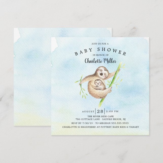 Sweet Sloth Boys Baby Shower Inbjudningar (Fram/baksida)