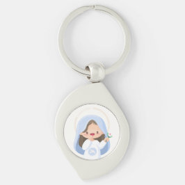 Sweet Smiling Kawaii Virgin Mary med Flower Swirl Silverfärgad Nyckelring
