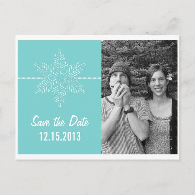 Sweet Snowflake Save Date Postcard, Aqua Meddelande Vykort (Framsida)