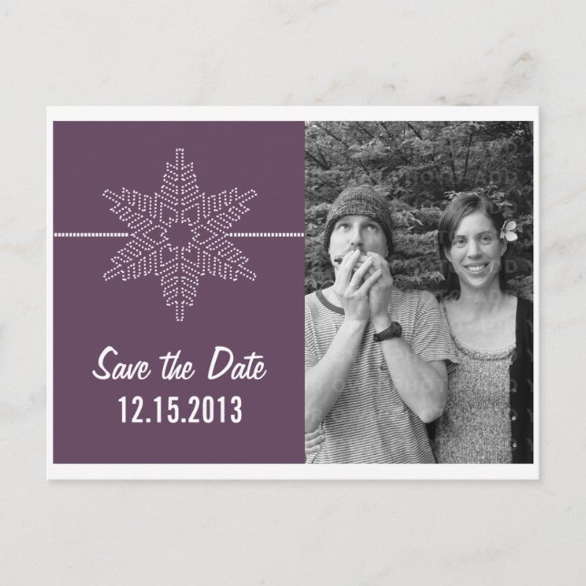Sweet Snowflake Save the Date Postcard, Lila Meddelande Vykort (Framsida)