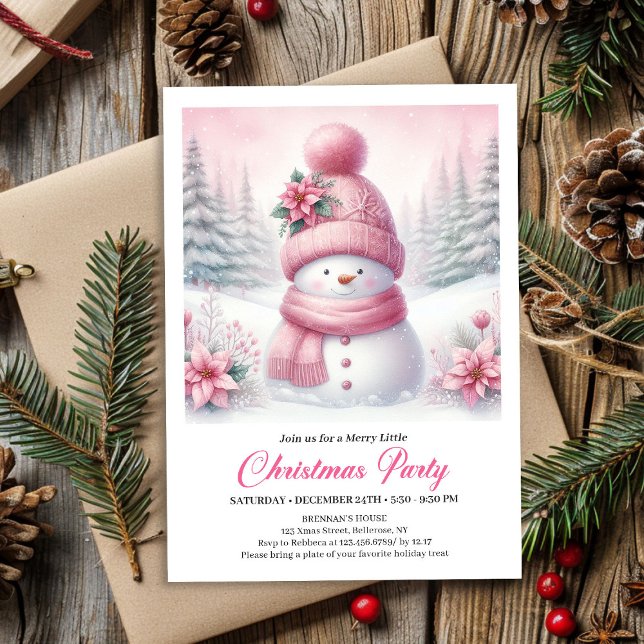 Sweet Snowy Forest Pink Snowman Editable Christmas Inbjudningar (Sweet Snowy Forest Pink Snowman Editable Christmas Invite)