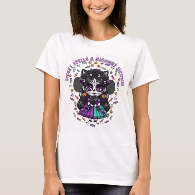 Sweet Spells & Midnight Meows – Catrina Kawaii de  T Shirt (Framsida)