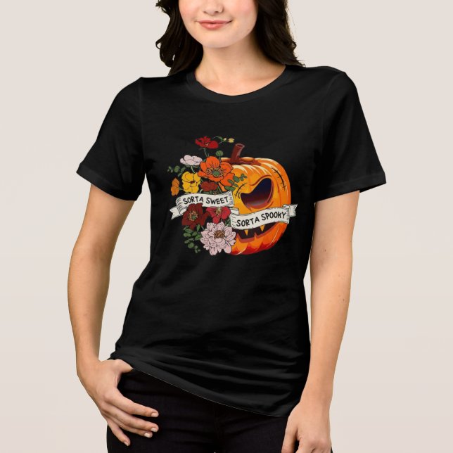 Sweet Spooky Pumpkin Blommigt Halloween Graphic T- T Shirt (Framsida)