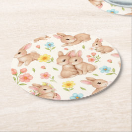 Sweet Spring Bunnies & Floral Garden Pattern Underlägg Papper Rund