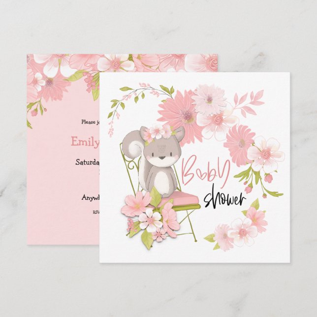 Sweet Squirrel Blommigts White Rosa Girl Baby Show Inbjudningar (Fram/baksida)