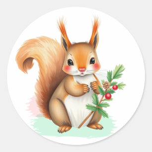 Sweet Squirrel som håller Holly Gren jul Runt Klistermärke