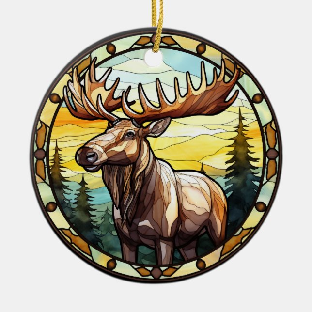 Sweet Stached Glass American Elk Moose Julgransprydnad Keramik (Framsidan)