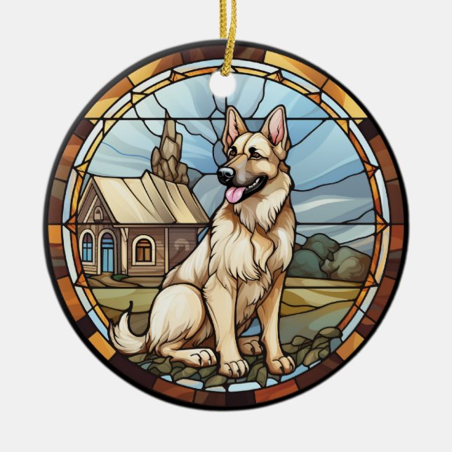 Sweet Stached Glass German Shepherd Hund Julgransprydnad Keramik (Framsidan)